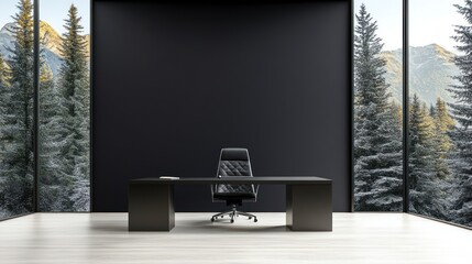 Fototapeta premium Black office desk with mountain forest view