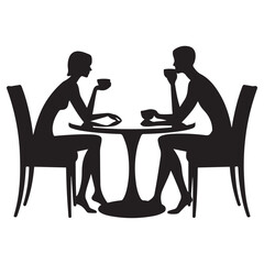 Two people sitting at a table. One of them is holding a cup. The table is round Vector Black silhouettes. with white background