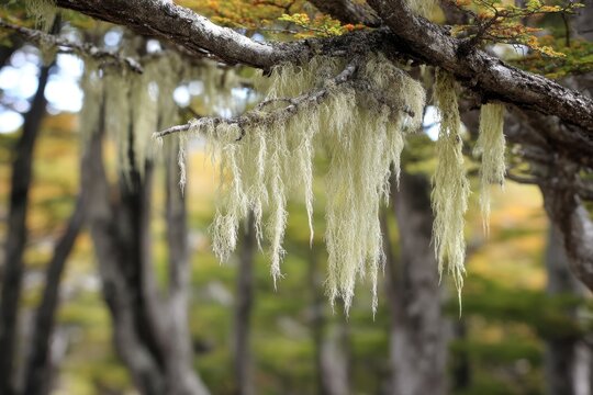 Lush Usnea Lichen Draped from Nothofagus Trees in Enchanting Autumn Forest of Tierra del Fuego, Patagonia, South America