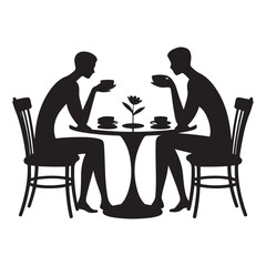 Fototapeta premium Two people sitting at a table. One of them is holding a cup. The table is round Vector Black silhouettes. with white background