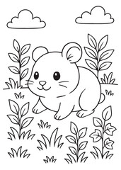 Coloring book hamster surrounded by plants. Adorable line art for coloring  education kid