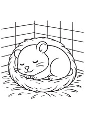 Coloring book hamster sleeps peacefully in a nest. Adorable line art for coloring creative kid