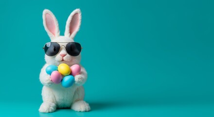 Obraz premium An easter bunny rabbit wearing sunnies, shades, sunglasses holding colourful easter eggs against a turquoise isolated background with room for text