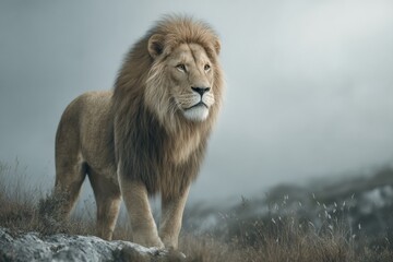 Obraz premium Majestic male lion stands on rocky terrain, surveying his domain in a misty landscape.