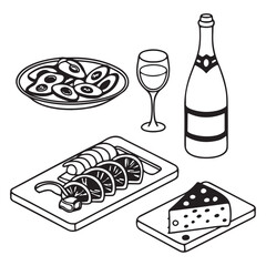 Minimalist food and wine hand drawn sketch set. Cheese platte, ousters plate, charcuterie Jamon and salami board, vine bottle, 
drink glass, champagne vector