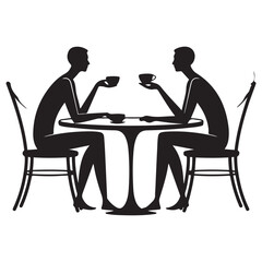 Two people sitting at a table. One of them is holding a cup. The table is round Vector Black silhouettes. with white background