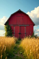 Obraz premium Rustic red barn stands proudly amidst a field of golden grasses under a vibrant summer sky, a picturesque scene of rural tranquility and natural beauty.