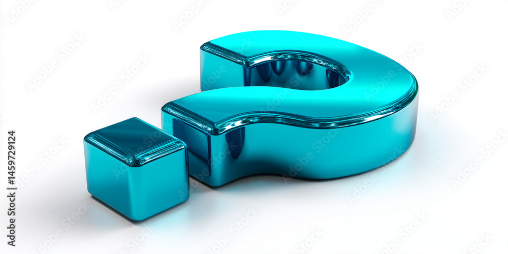 Poster Glossy teal question mark with cube, 3D rendered on white background Mockup for FAQ, help, support, inquiry concepts
