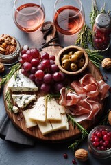 Elegant Cheese and Charcuterie Board with Grapes, Olives, and Nuts Accompanied by Glasses of Ros&eacute; Wine on a Rustic Table Setting