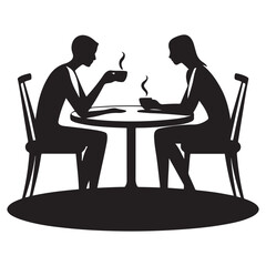 Two people sitting at a table. One of them is holding a cup. The table is round Vector Black silhouettes. with white background