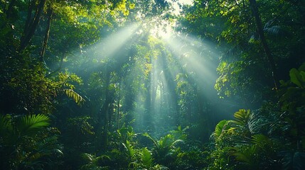 Sunlight streams through lush rainforest canopy