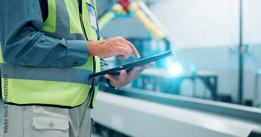 Poster Hands, man and tablet at robotics factory for research, machine update and technical guide. Male engineer, digital remote control and production manual, automation safety and process of manufacturing