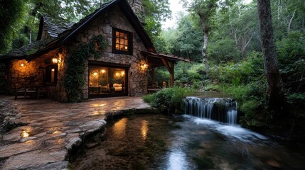 A rustic stone cabin is positioned next to a flowing stream, creating a picturesque retreat that harmonizes beautifully with its surrounding natural environment.
