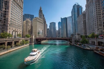 Fototapeta premium Michigan Avenue Bridge in Chicago: Iconic Drawbridge Over the River, Welcoming Boats and Yachts
