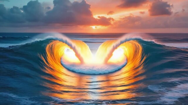 Dreamlike dawn ocean, giant spiral wave approaching viewer, white sea forming artistic patterns, soft blue ocean, pink and coral sunrise sky, calm surreal mood, cinematic atmosphere, hyperrealism