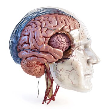 **3D Surgical Diagram Of Tumor Excision From The Brain, Showing Craniotomy With The Scalp Retracted, Part Of The Skull Removed, And A Tumor Visible Within Brain Tissue, No Text, Sterile And Isolated F