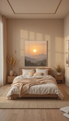 A luxury hotel room features a comfortable double bed with pillows, a lamp providing soft light, and contemporary decor