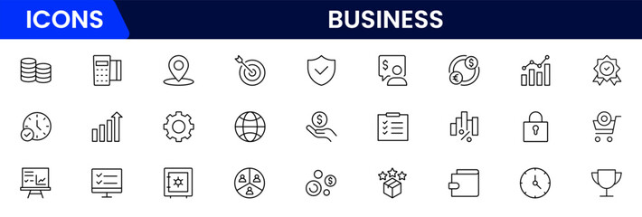 Business and Finance web icons in line style. Money, bank, contact, infographic. Icon collection. Vector illustration.