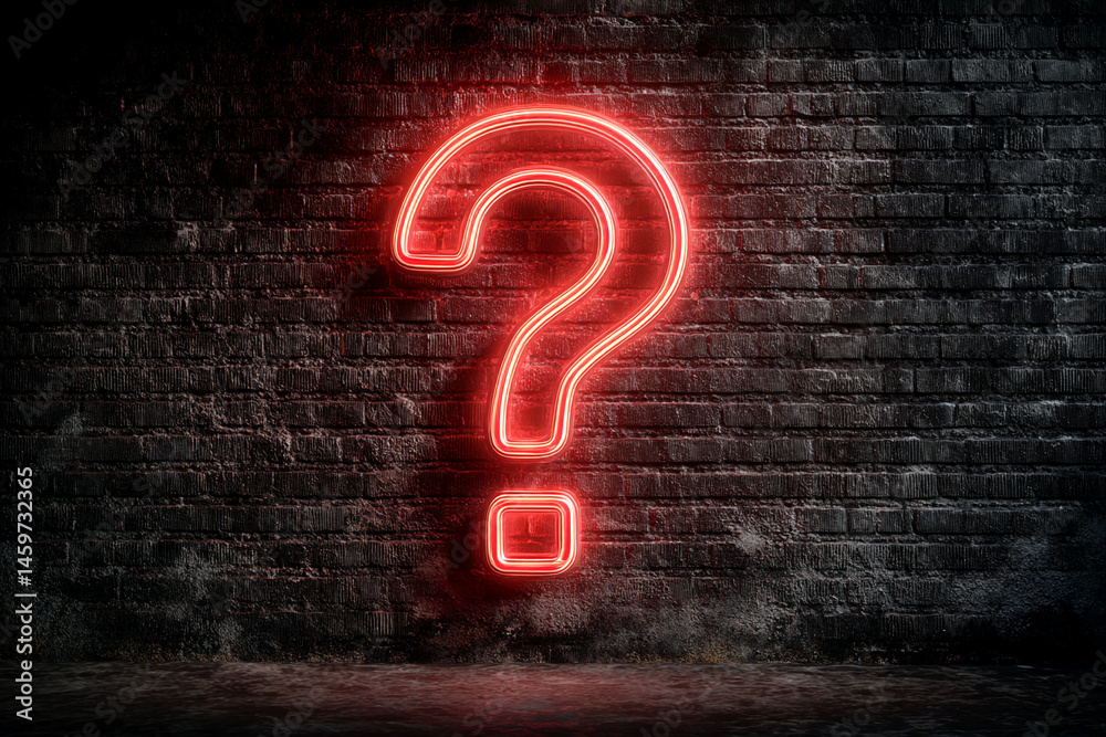 Poster red neon question mark on dark brick wall background, creating a mysterious and intriguing atmospher