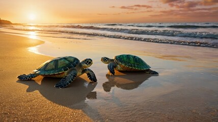 Two sea turtles on a golden beach at sunrise.  Sunrise colors paint the sky and ocean.  Calm waves gently lap the shore