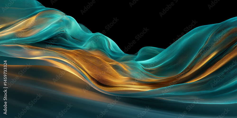 Poster abstract image of flowing teal and gold fabric, creating a wave-like pattern against a black backgro