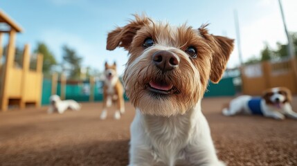 A curious dog with a playful demeanor exploring a park setting, radiating joy and excitement, indicative of the bond between pets and their owners in outdoor activities.