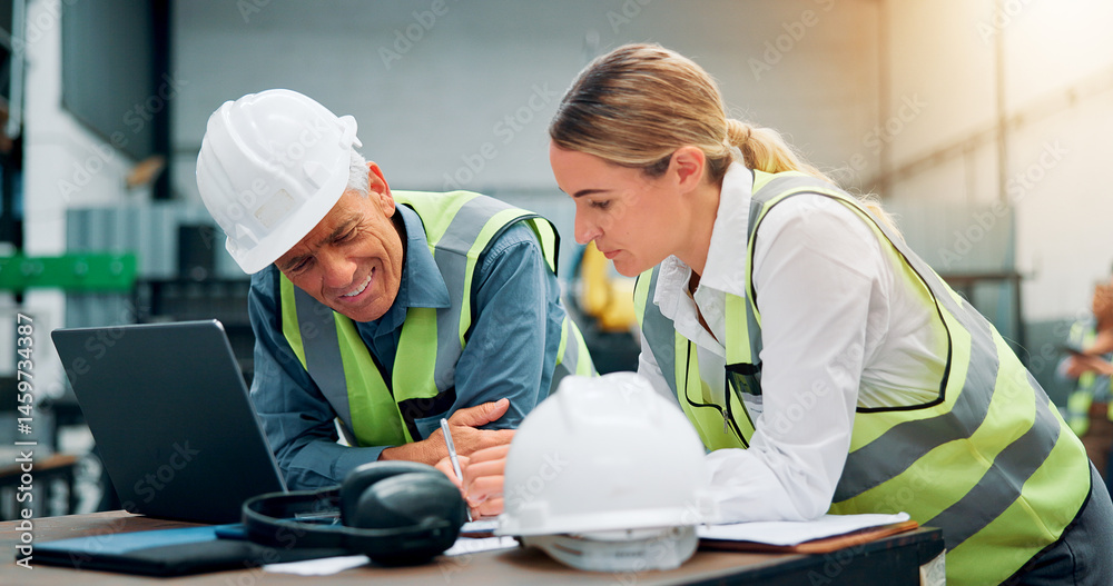 Poster Teamwork, engineers and laptop with notes for planning, discussion and communication at factory. Woman, mentor man and writing for brainstorming, problem solving and engineering with safety ppe