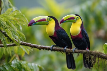 Fototapeta premium Two colorful toucans perched on a branch in lush greenery.