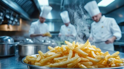 A vibrant kitchen scene with chefs busily preparing meals, showcasing teamwork and the bustling energy of a professional culinary environment filled with delicious aromas.