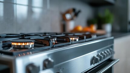 This close-up depicts the flames of a gas stove, capturing the essence of cooking with fire, surrounded by a contemporary kitchen setting with clean lines and modern design.