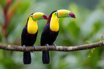 Fototapeta premium Two keel-billed toucans perched on a branch, vibrant colors against a lush green background.
