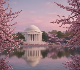 Obraz premium Pink cherry blossoms frame Jefferson Memorial, sakura, capital