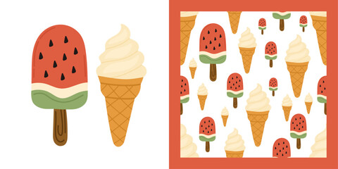 Summer vocation illustration set and seamless pattern featuring watermelon popsicles and vanilla ice cream cones, perfect for summer-themed designs, food packaging, beach party decor.