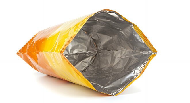 Empty snack bag package isolated on white background food packaging foil bag yellow and orange color open bag