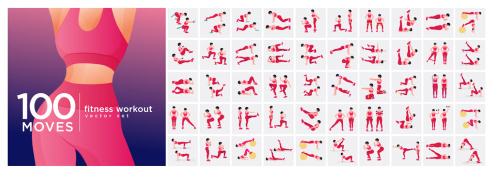 Workout girl set. Woman doing fitness and yoga exercises. Lunges and squats, plank and abc. Full body workout	