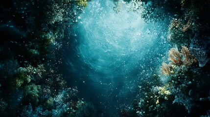 Deep underwater view of microplastics swirling around coral reefs fading marine life no human no labelling no logo