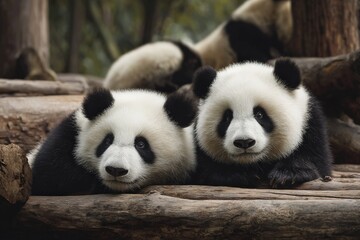 Obraz premium Two adorable giant panda cubs rest on a log, their fur a striking contrast against the wood.