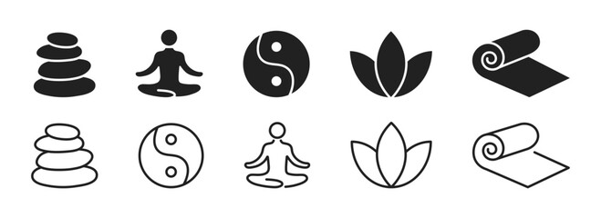 Set of yoga relaxation icons. Meditation logo. Linear and silhouette style