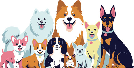 Naklejka premium a group of cute cartoon dog breeds, corgi, pomeranian, chihuahua, husky, beagle, dalmatian, dachshund, abstract colorful digital art, 4k, highly detailed, award winning, 