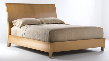 A wooden bed with a white comforter and two pillows