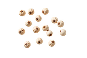 Floating white peppercorn seeds, realistic texture with a dry and rough surface, arranged in a scattered formation, isolated on transparent background