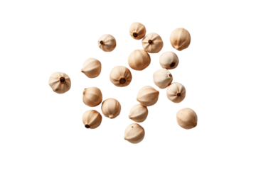 Floating white peppercorn seeds, realistic texture with a dry and rough surface, arranged in a scattered formation, isolated on transparent background
