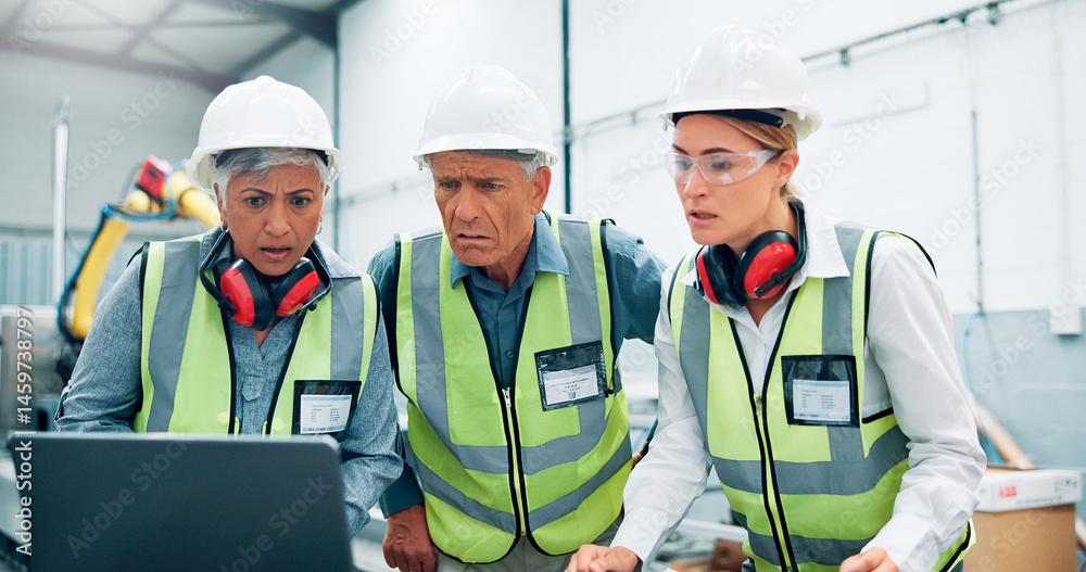 Aufkleber Shock, engineers and laptop with team for error, bad news and software glitch at factory. Man, women and collaboration for production problem with programming, issue and troubleshooting with system