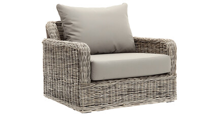 A wicker chair with a white cushion sits on a white background