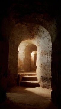Long arched stone hallway with stairs, dark and mysterious interior of a dungeon with steps leading further into illuminated tunnel