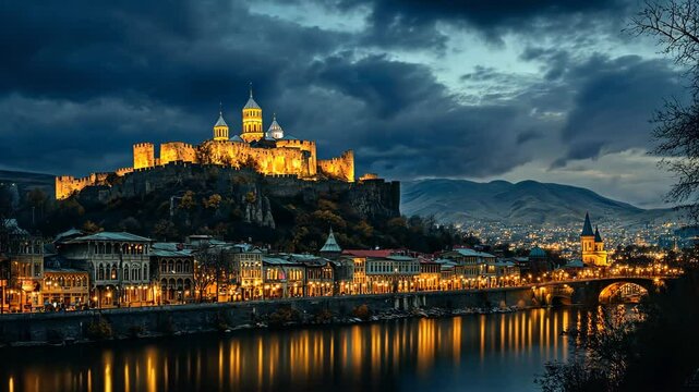 Spectacular Night View of Narikala Fortress in Tbilisi Georgia