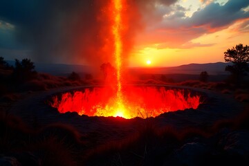 Fototapeta premium A meteor crater formed suddenly in a quiet countryside, scorched earth all around. 