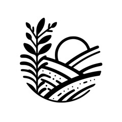 Minimalist Farm Landscape Illustration: Fields, Sun & Botanical Element