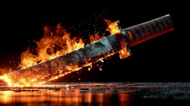 A katana-style blade lies on a reflective surface, engulfed in bright flames. Sparks fly around as the heat distorts the air, creating a powerful and intense cinematic moment of fire and steel.
