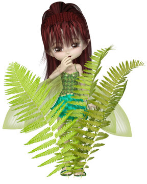 Cute Toon Brunette Fern Fairy, 3d digitally rendered fantasy illustration